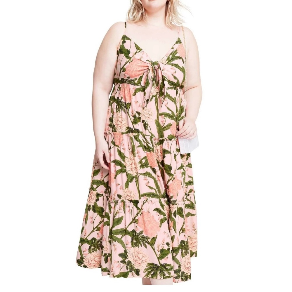 Agua Bendita Midi Sundress Peony Print Tie Front Pink Blush Green Size XXL NWT